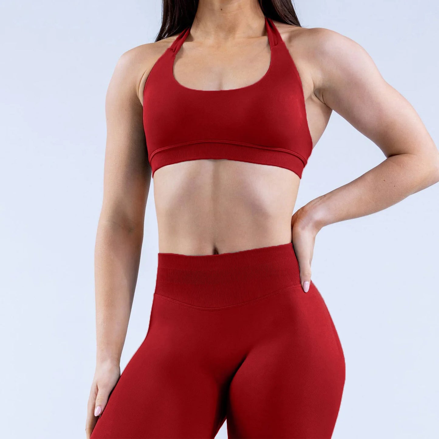Seamless Halter Strap Sports Bra β Medium Support Padded Open-Back Yoga Crop Top