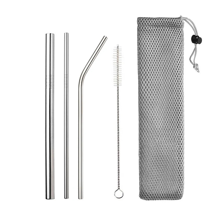 Metal Straws β Reusable 304 Stainless Steel Set with Brush & Pouch