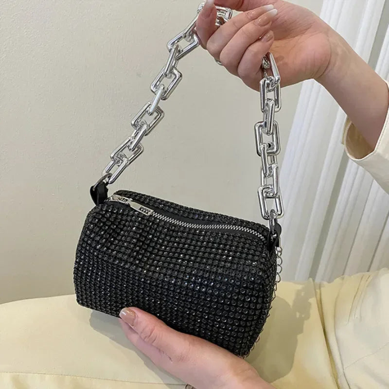 Rhinestone Bucket Bag β Glitter Mini Crossbody with Chain Strap