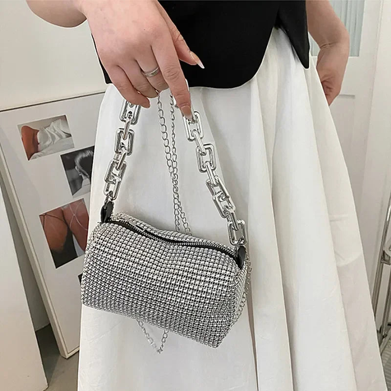 Rhinestone Bucket Bag β Glitter Mini Crossbody with Chain Strap