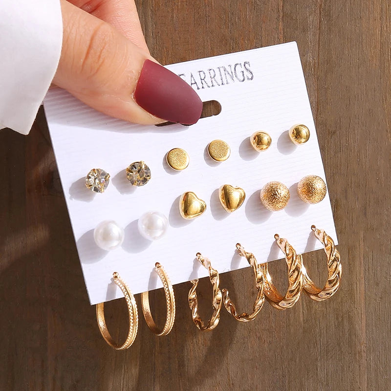 GeoPearl β Vintage Gold Geometric Pearl Earrings Set