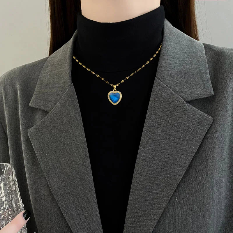 Blue Zircon Heart Pendant Necklace โ 316L Stainless Steel Clavicle Chain Jewelry Gift