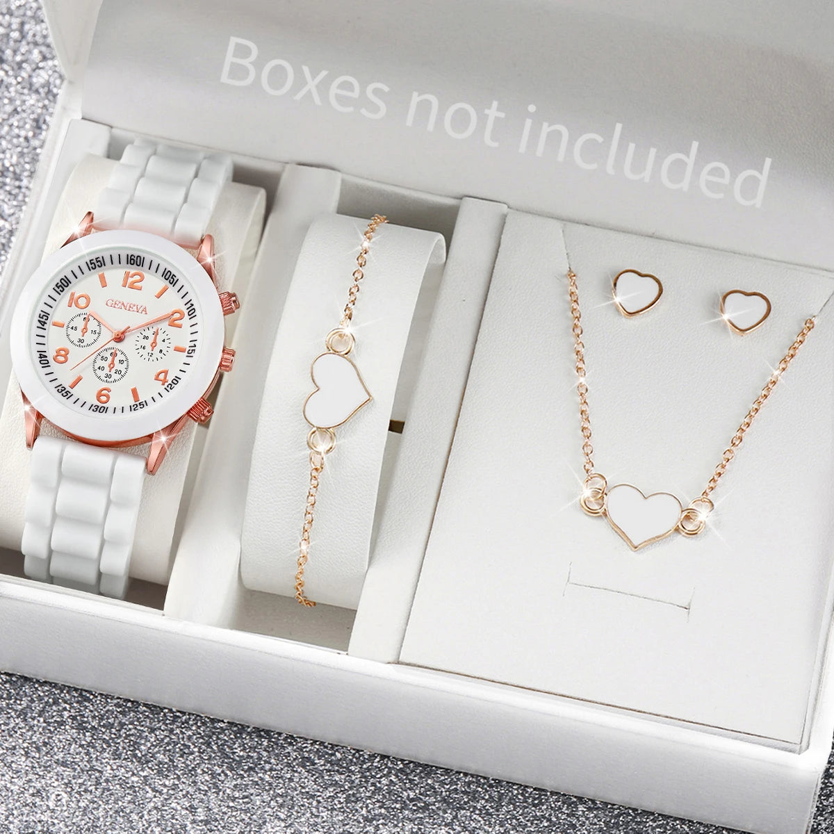 5/6PCS Women’s Fashion Watch & Jewelry Set – Silicone Band Quartz Watches Gift (No Box)