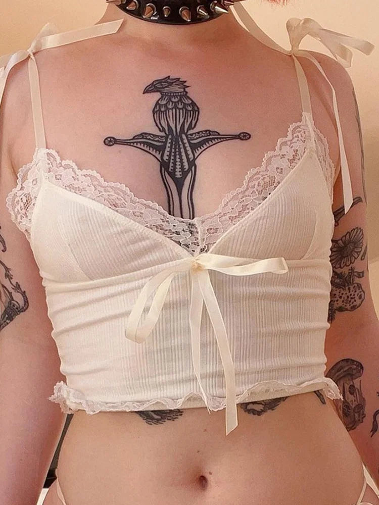 Cute Knit Lace Trim Crop Top with Bow β Backless Summer Vest