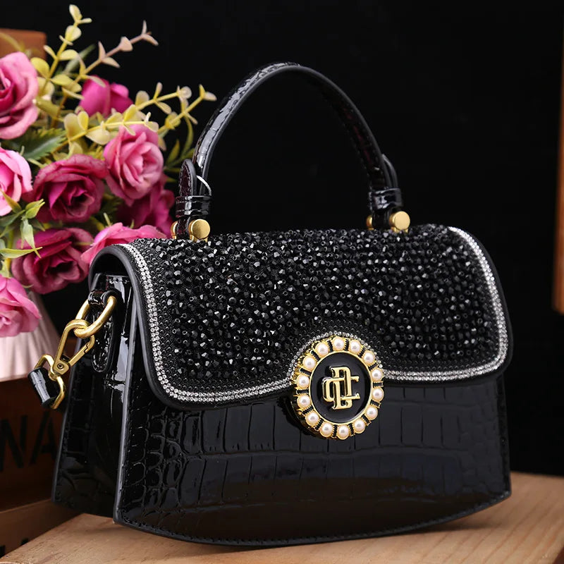 CrimsonGlam β 2025 Croc-Pattern Diamond Shell Handbag