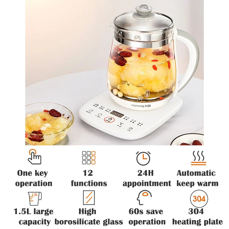 Jiuyang 1.5L Multifunctional Health Pot β 220V Glass Flower Teapot & Mini Dessert Cooker