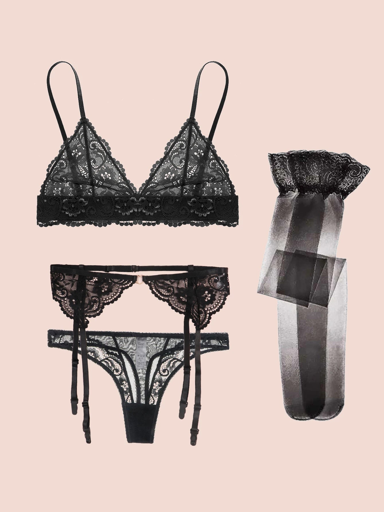 Varsbaby Lace Seduction Set β 4-Piece Non-Padded Bra, Panty & Garter Stockings Lingerie