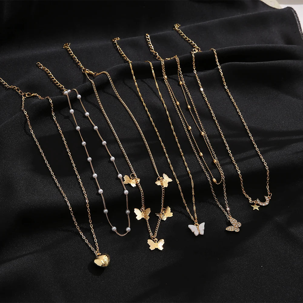 11-Piece Women’s Gold Zircon Necklace Set – Love Heart & Butterfly Pendants