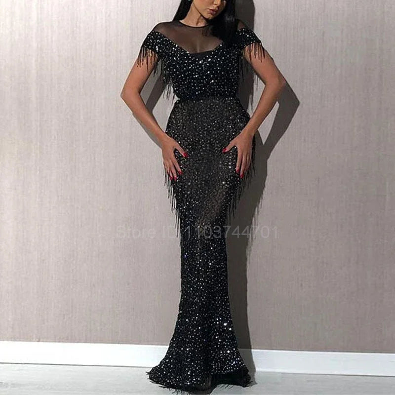 TulleWhisper β Embroidered Leaf Tassel Evening Gown