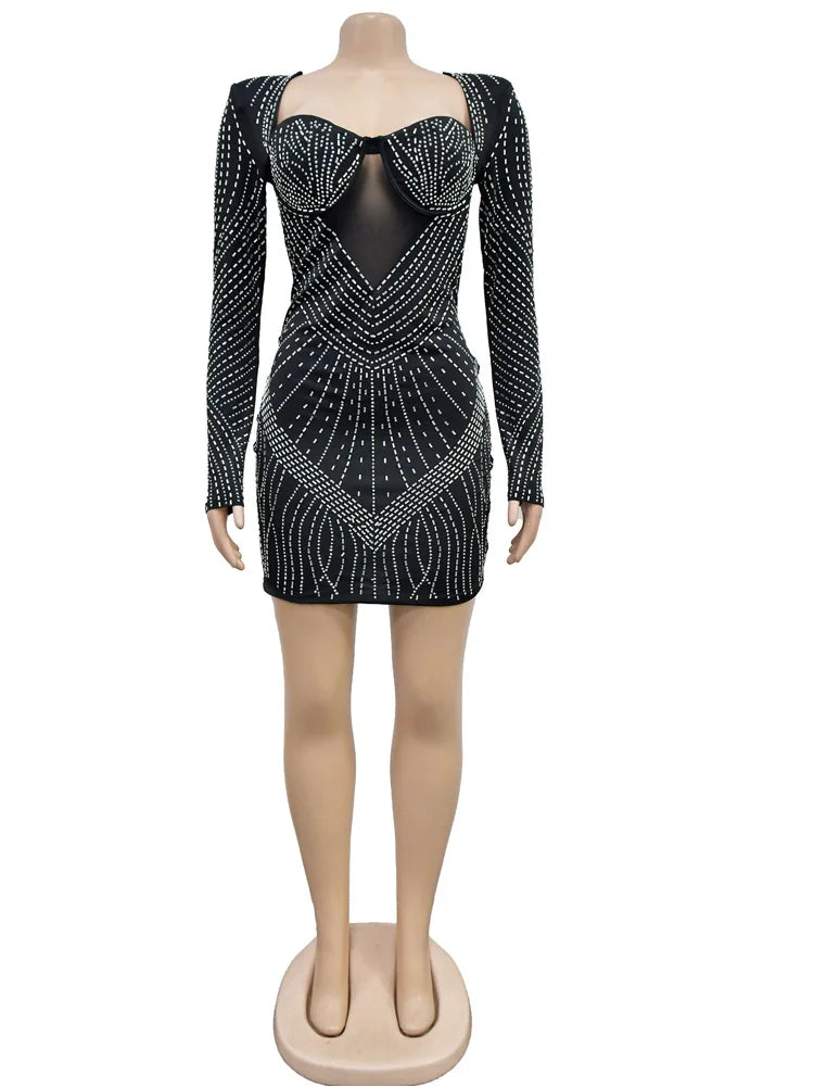 DistractionDazzle β Black Rhinestone Padded Mini Dress