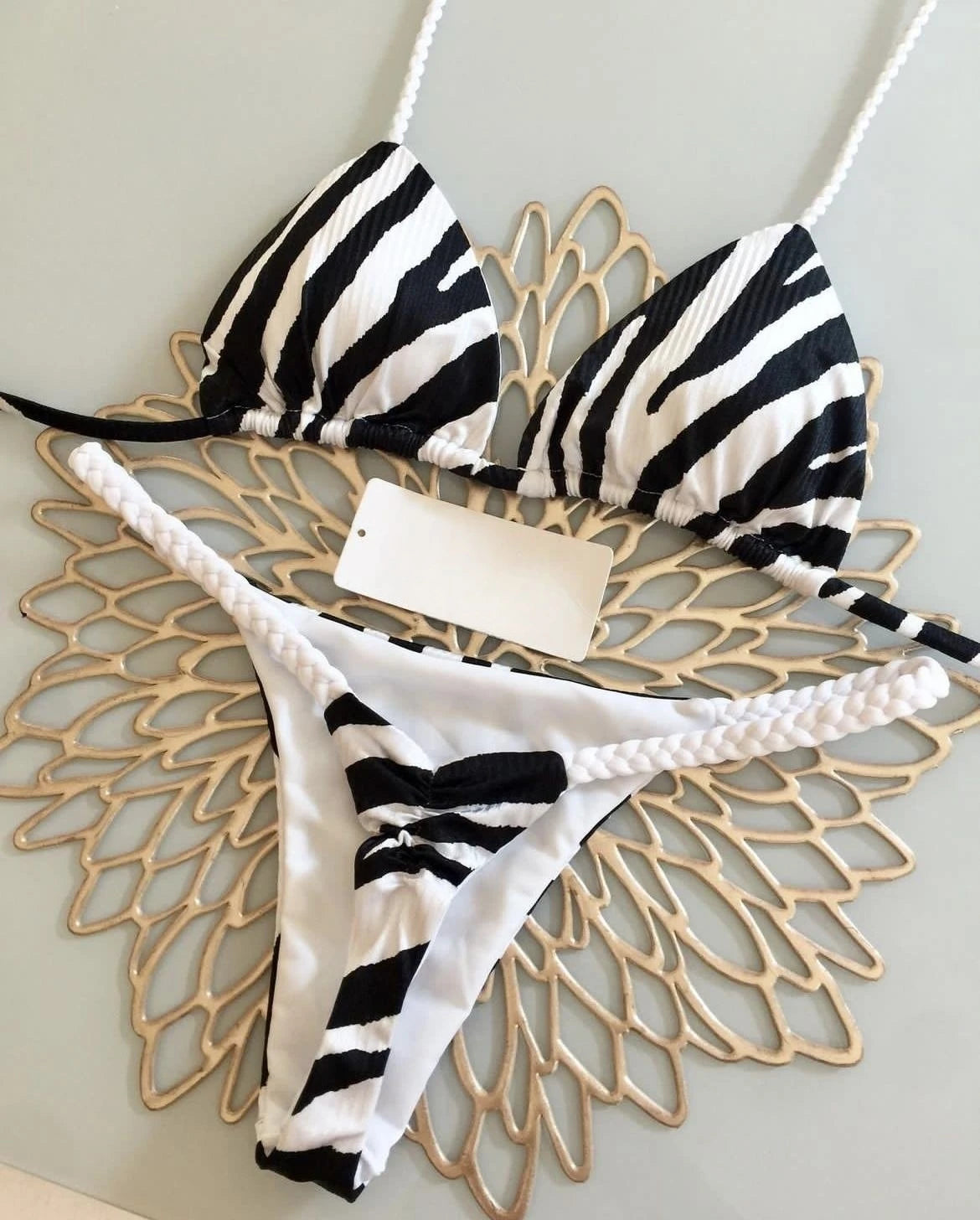 ZebraGlow β High Waist Brazilian Thong Bikini Set