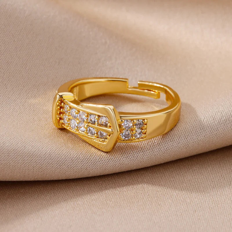 Chic Gold Buckle Adjustable Ring with Sparkling Zircon – Trendy Women’s Jewelry