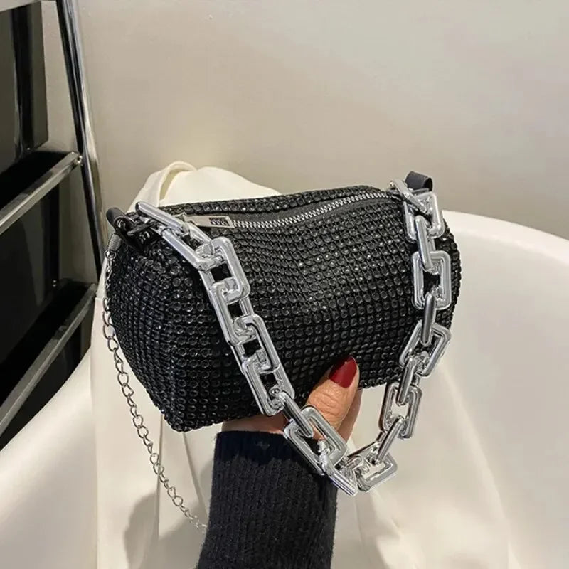 Rhinestone Bucket Bag β Glitter Mini Crossbody with Chain Strap