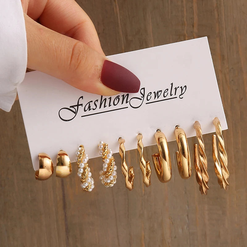 GeoPearl β Vintage Gold Geometric Pearl Earrings Set
