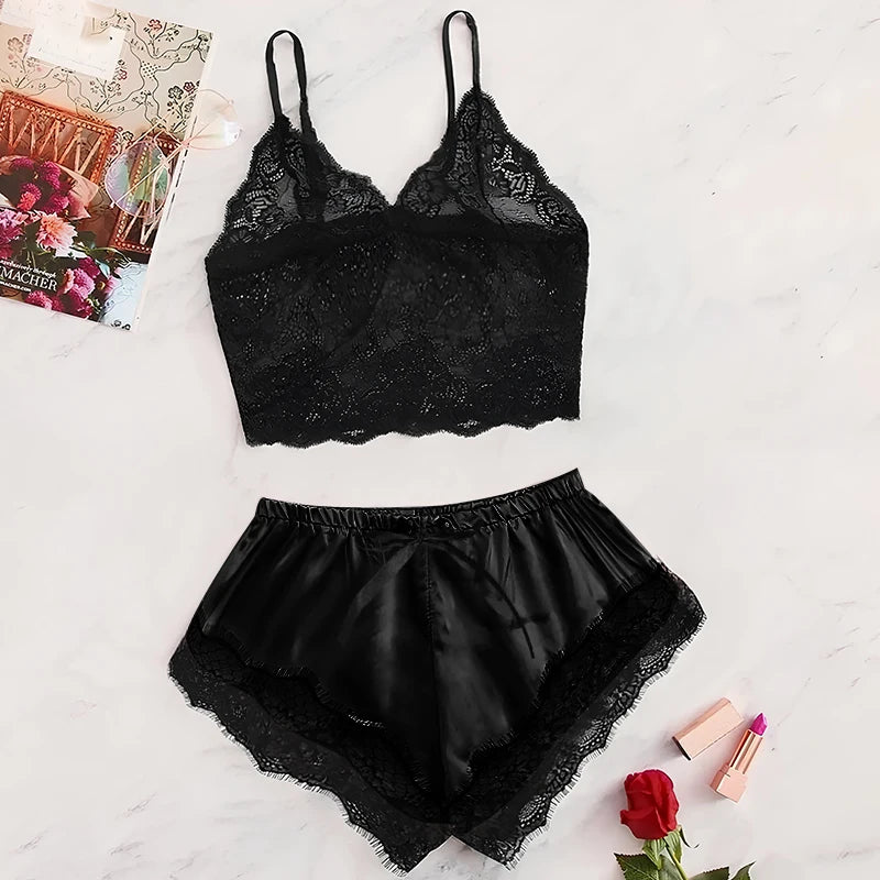 LaceWhisper β 2PCS Women's See-Through Lace Pajama Set
