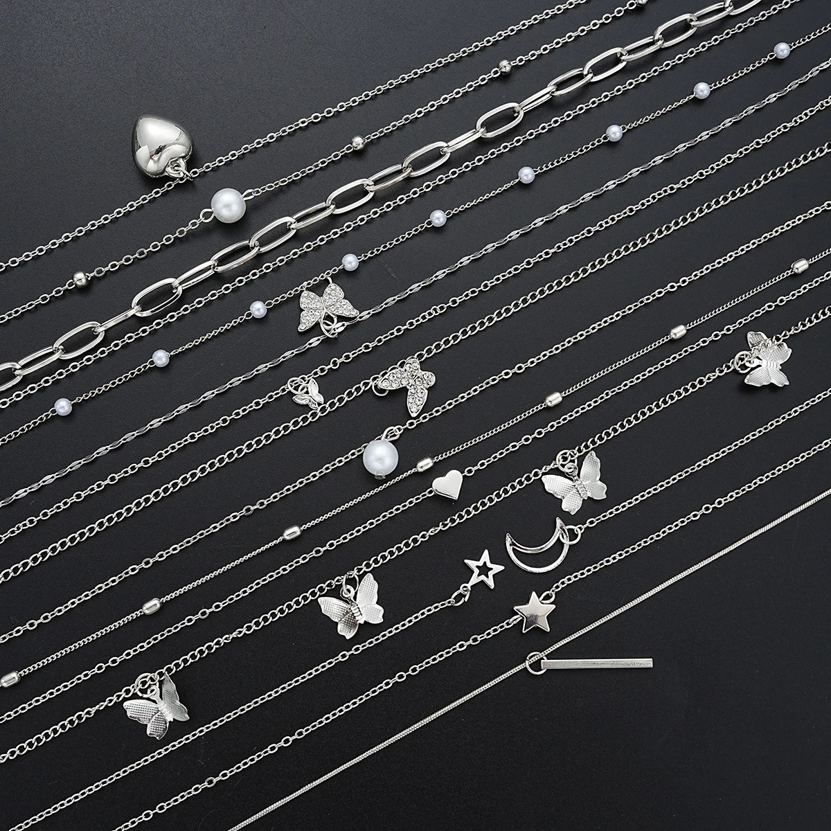 13Pcs Silver Charm Necklace Set β Butterfly, Heart, Star & Pearl Fashion Jewelry for Women