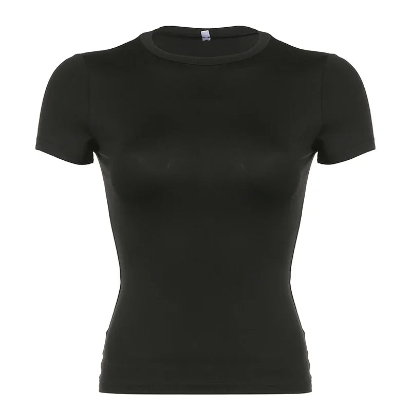 Basic Solid Crop Top β Y2K Short Sleeve Fitted Tee for Women