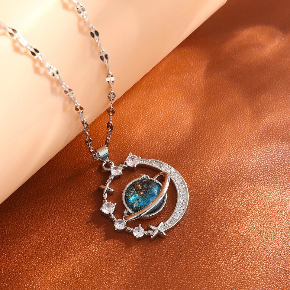 Titanium Star & Planet Pendant Necklace β Gold Astronaut Moon Charm Jewelry for Women