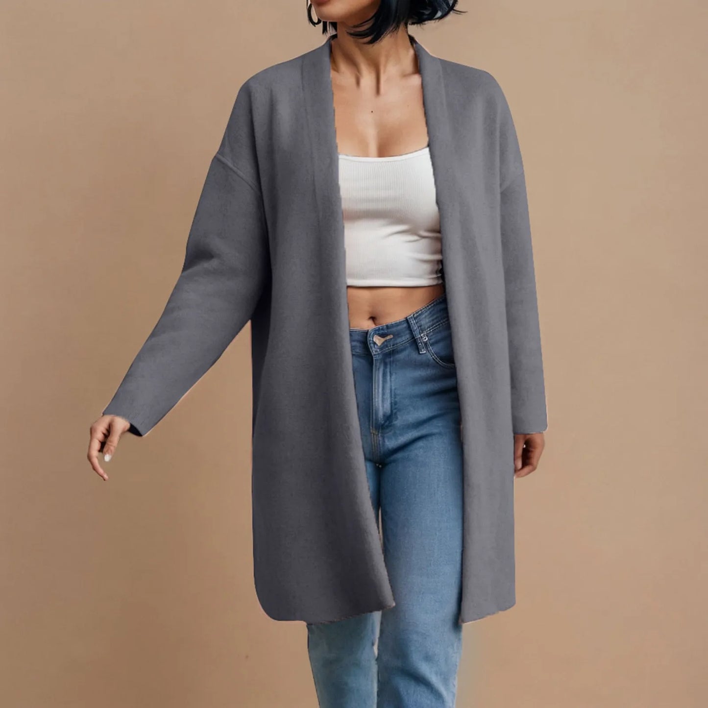 CozyEase β Women's Long Knit Cardigan with V-Neck & Open Front