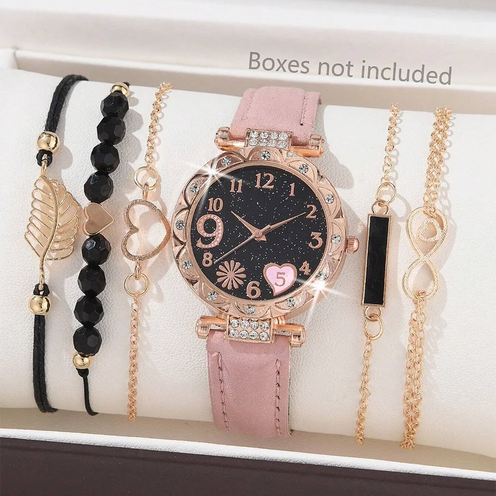 6PCS Women’s Luxury Leather Analog Quartz Watch & Bracelet Set