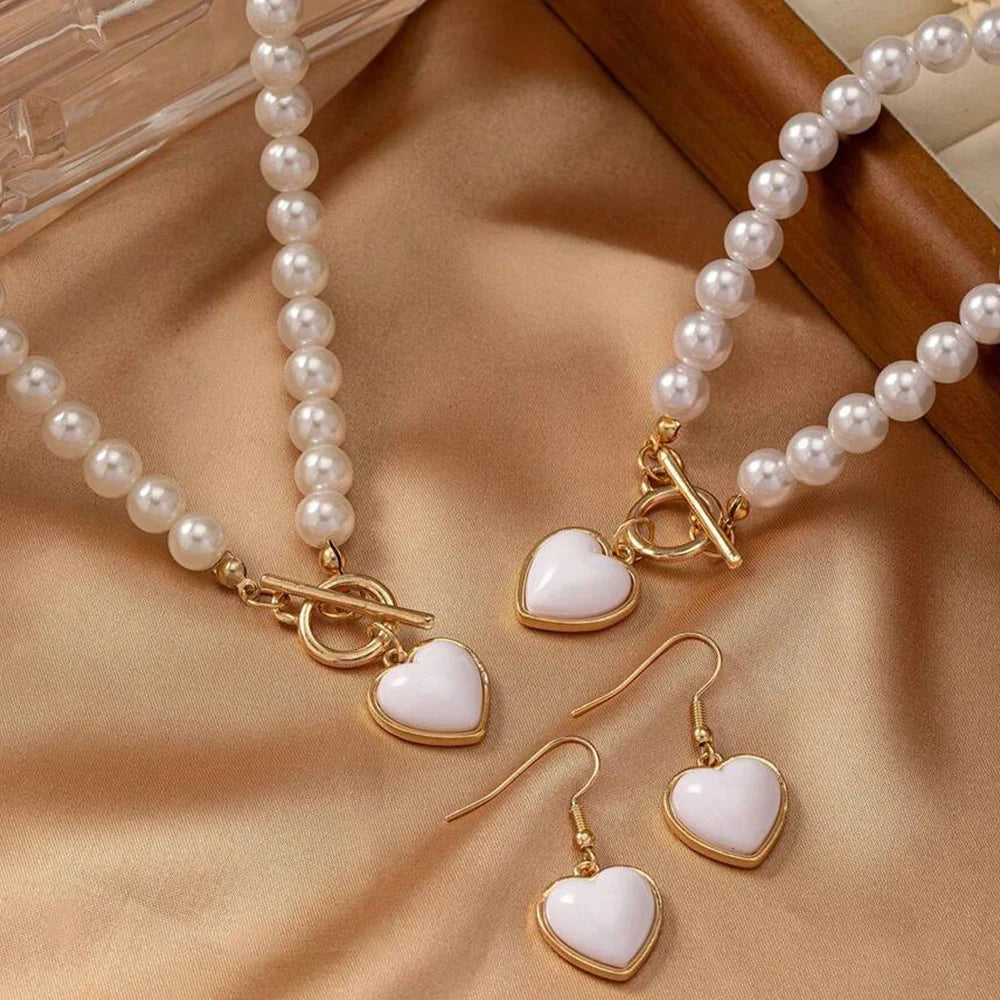 Elegant Rose Pearl Jewelry Set β 3-Piece Imitation Pearl Necklace, Bracelet & Earrings with Heart Charm