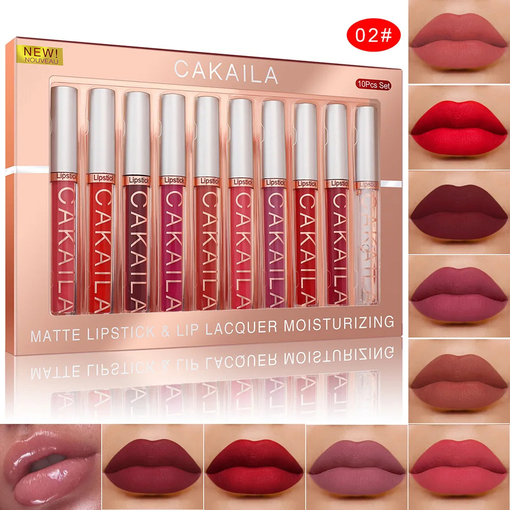 Cakaila NudeLux โ 10PCS Matte Velvet Waterproof Liquid Lipstick Set