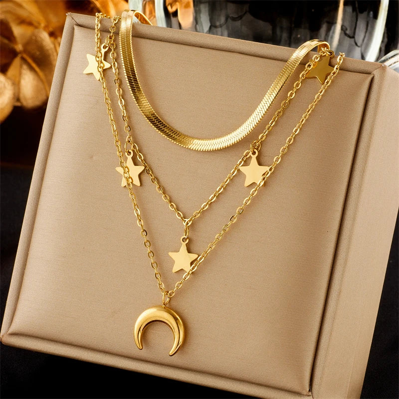 DIEYURO 316L Stainless Steel Butterfly & Moon Pendant Necklace β Blue Eyes Multilayer Choker
