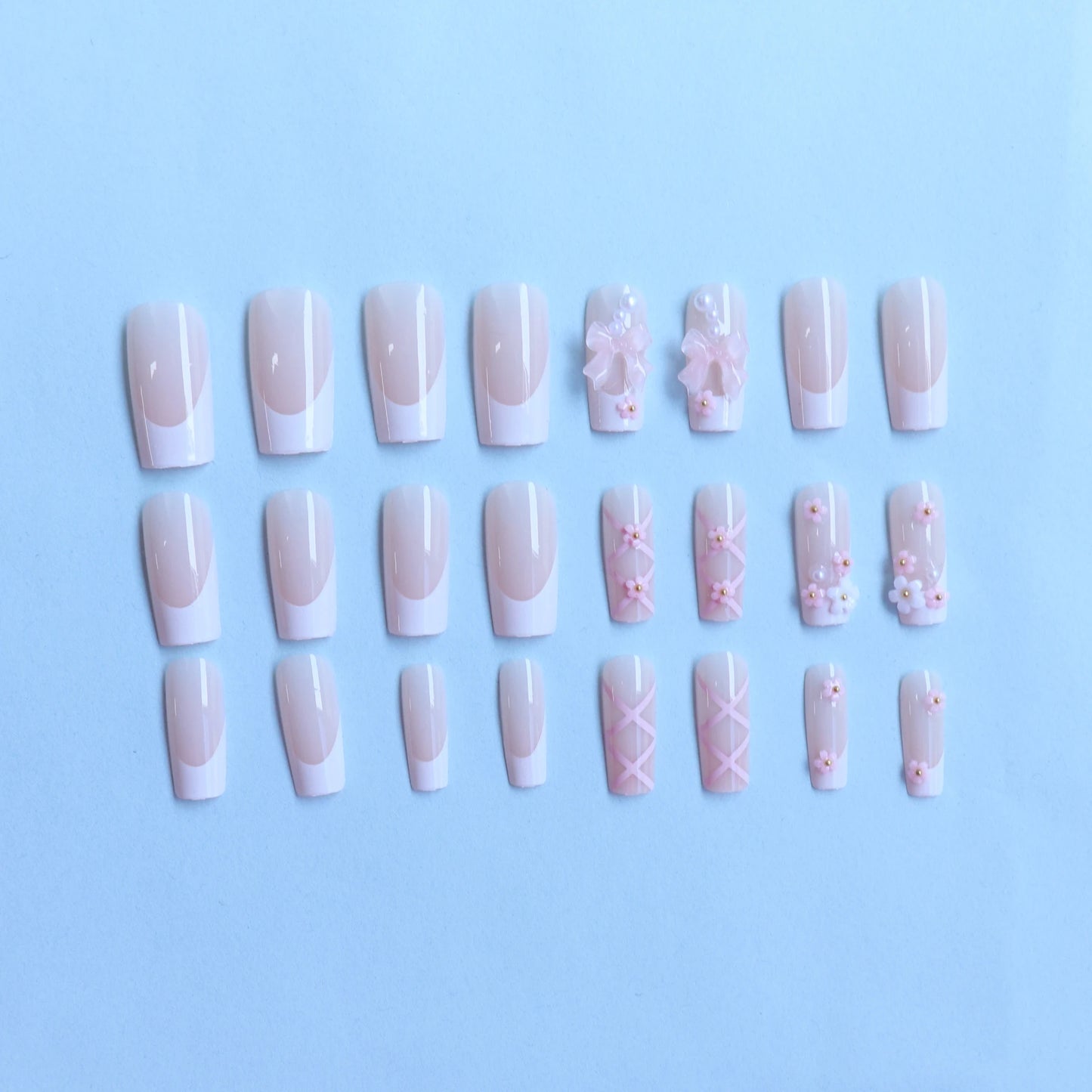 24pcs Long Ballet Fake Nails β Pink & White Bow French Design