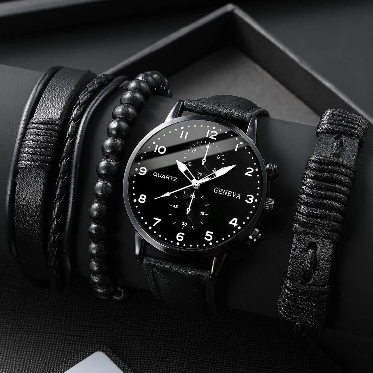 4/5-Piece Men’s Vintage Quartz Watch & Leather Bracelet Set – Business Style