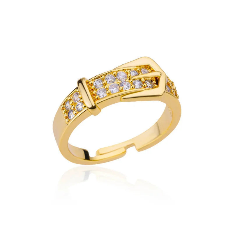 Chic Gold Buckle Adjustable Ring with Sparkling Zircon – Trendy Women’s Jewelry