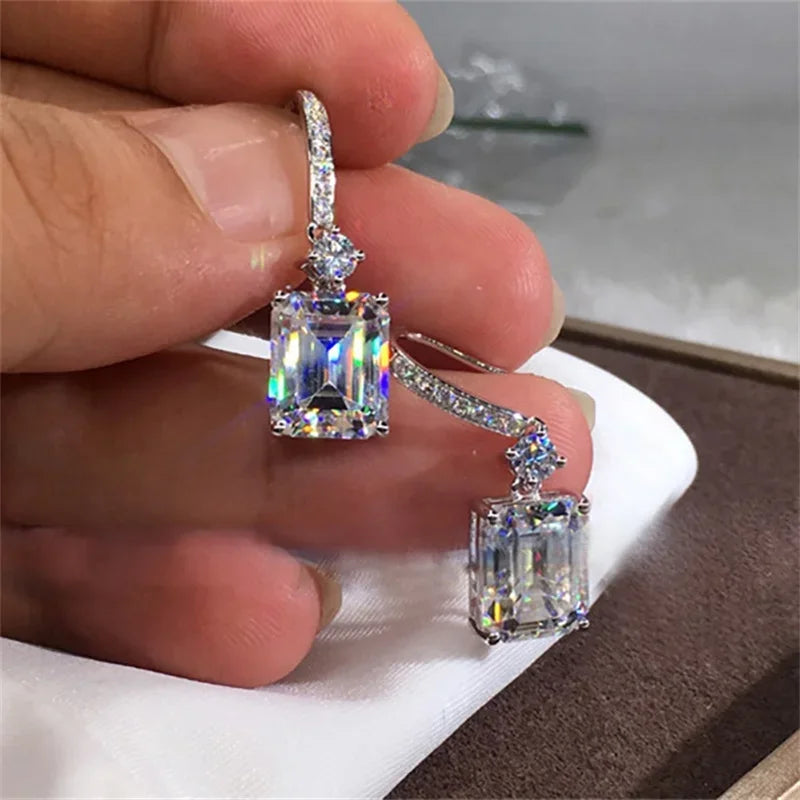Elegant Cuboid Zircon Dangle Earrings – Sparkling Silver-Plated Statement Jewelry