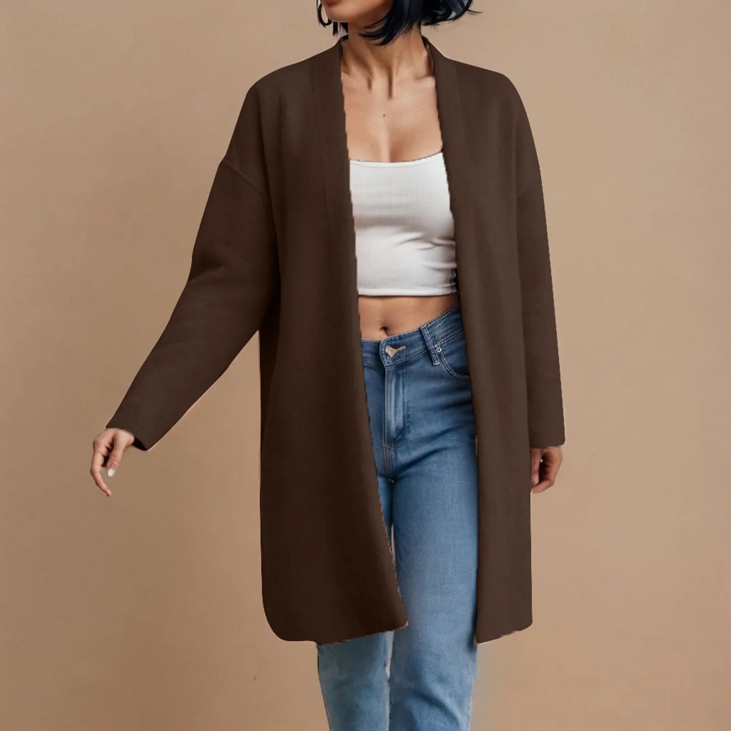 CozyEase β Women's Long Knit Cardigan with V-Neck & Open Front