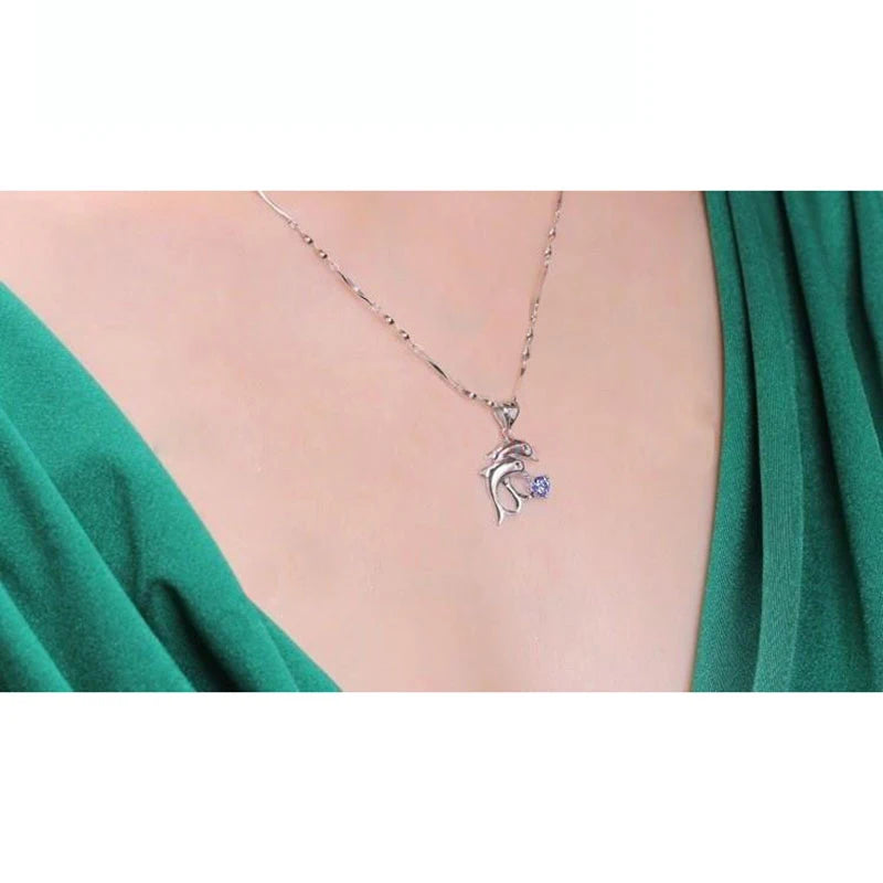 925 Sterling Silver Dolphin Jewelry Set β Crystal Necklace & Hoop Earrings for Women