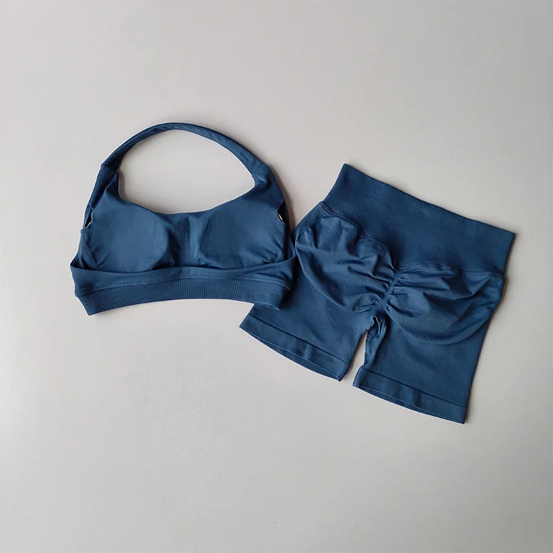 Peach Curve Halter Sports Set β High Waist Shorts & Backless Yoga Bra for Pilates & Fitness