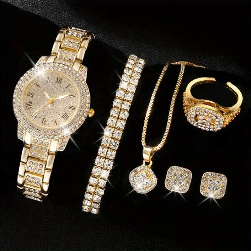 CrystalMuse Set β 6PCS Women's Luxury Watch & Rhinestone Bracelet Collection