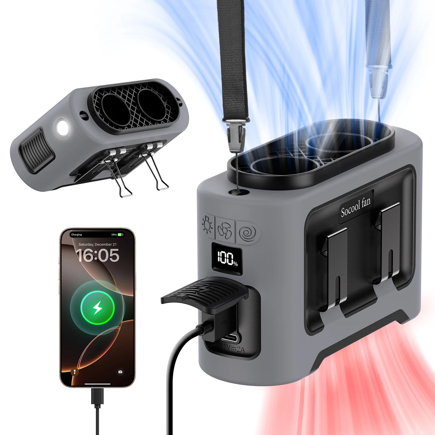 Socool 14500mAh Portable Waist Fan β Dual Airflow, Turbo Motor, Flashlight & Power Bank