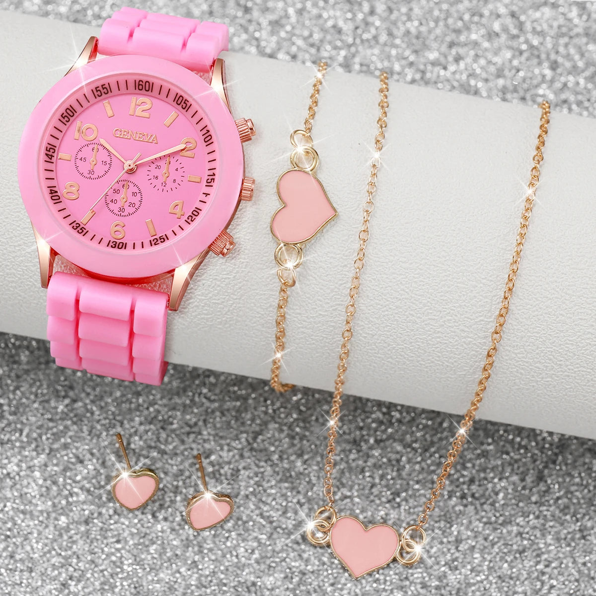 5/6PCS Women’s Fashion Watch & Jewelry Set – Silicone Band Quartz Watches Gift (No Box)