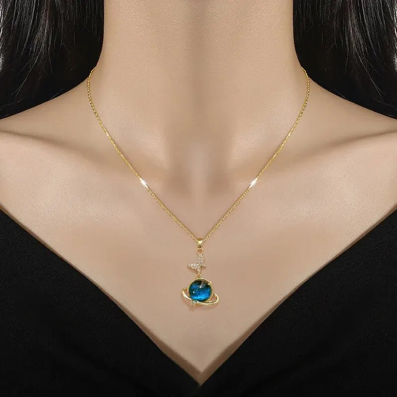Titanium Star & Planet Pendant Necklace β Gold Astronaut Moon Charm Jewelry for Women