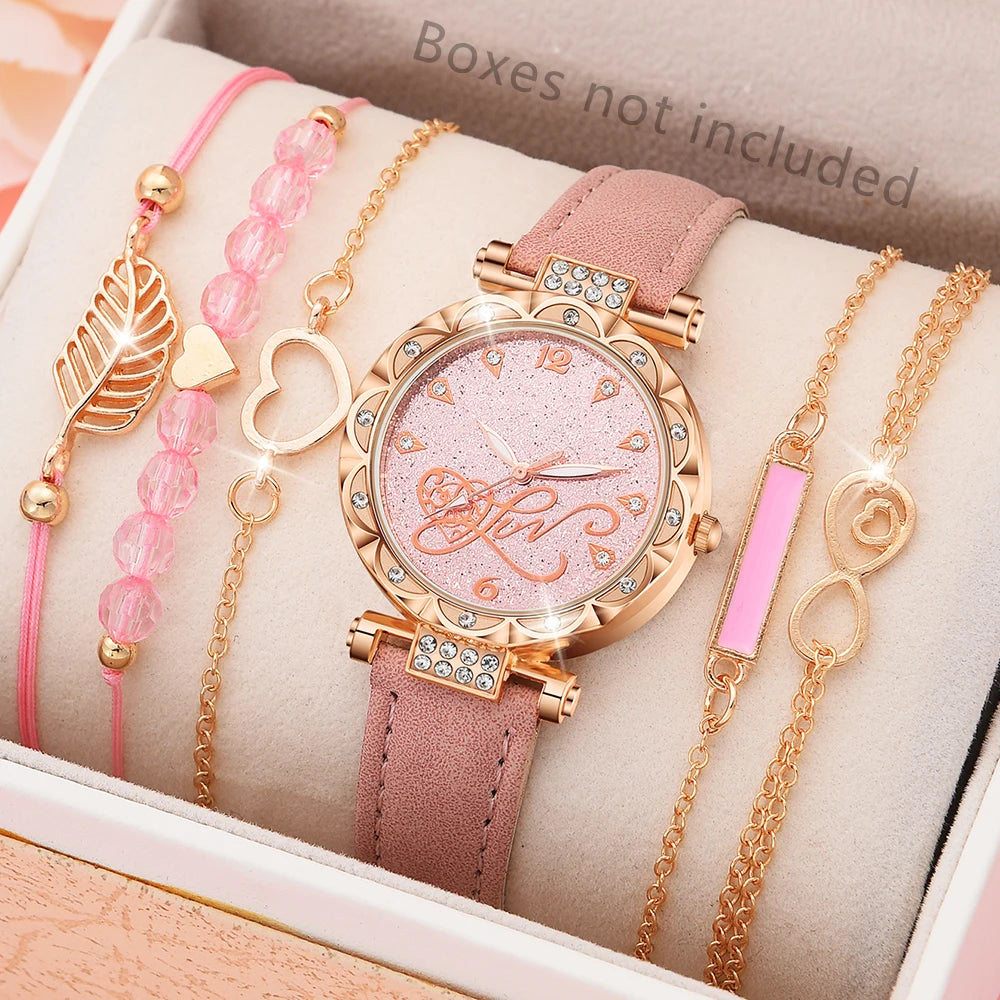 6PCS Women’s Luxury Leather Analog Quartz Watch & Bracelet Set