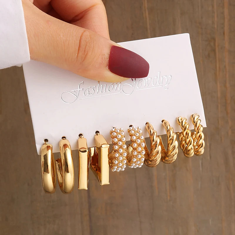 GeoPearl β Vintage Gold Geometric Pearl Earrings Set