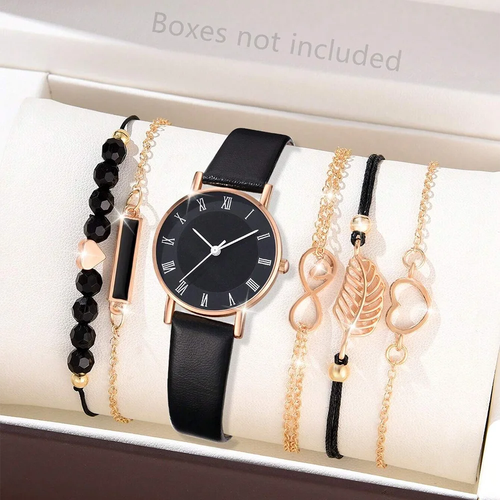 6PCS Women’s Luxury Leather Analog Quartz Watch & Bracelet Set