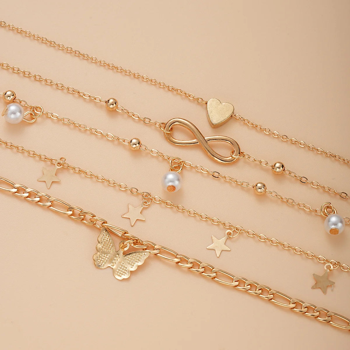 Boho Retro Tassel Anklet Set β 5-Piece Butterfly, Pearl & Charm Foot Bracelet Jewelry