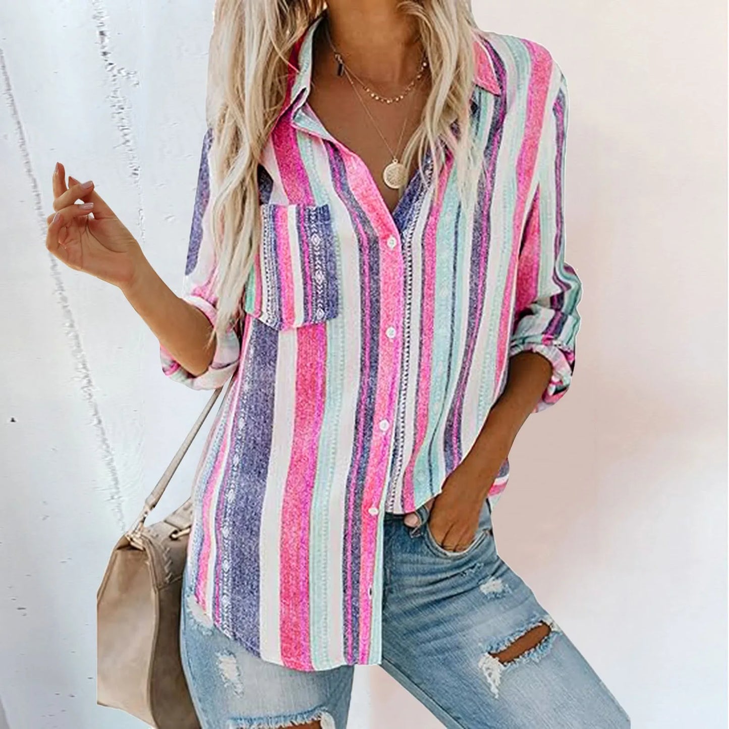 StriVibe β 2025 Striped V-Neck Button Blouse
