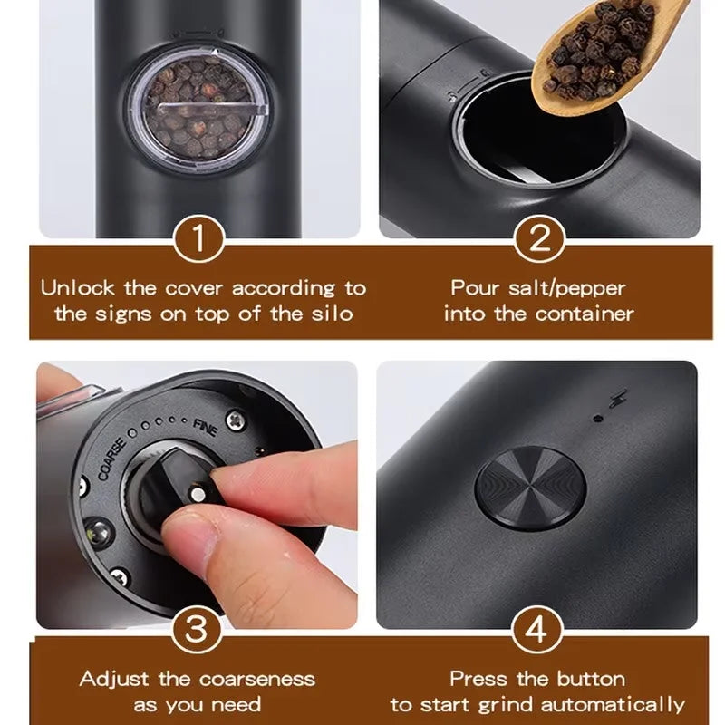 Electric Salt & Pepper Grinder Set β Rechargeable with LED Light & Adjustable Coarseness