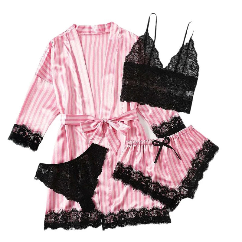 Satin Pajama Set with Lace Trim β Printed Faux Silk Sleepwear for Women