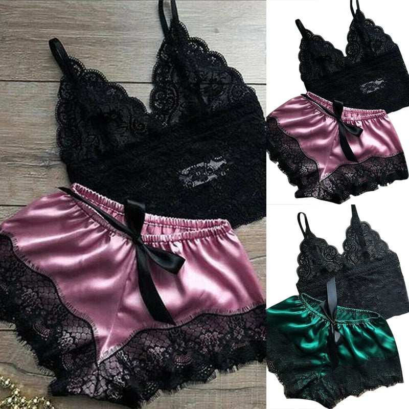 2-Piece Lace Lingerie Sleepwear Set β Cami Top & Shorts Pajamas