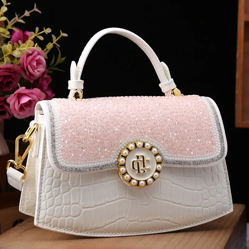 CrimsonGlam β 2025 Croc-Pattern Diamond Shell Handbag