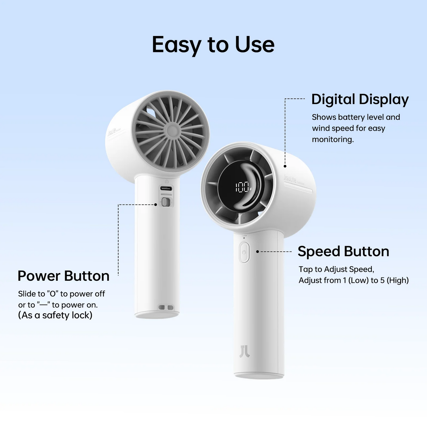 JISULIFE Life10s Portable Mini Fan β Handheld Fan with 5000mAh Battery & 5 Wind Speeds