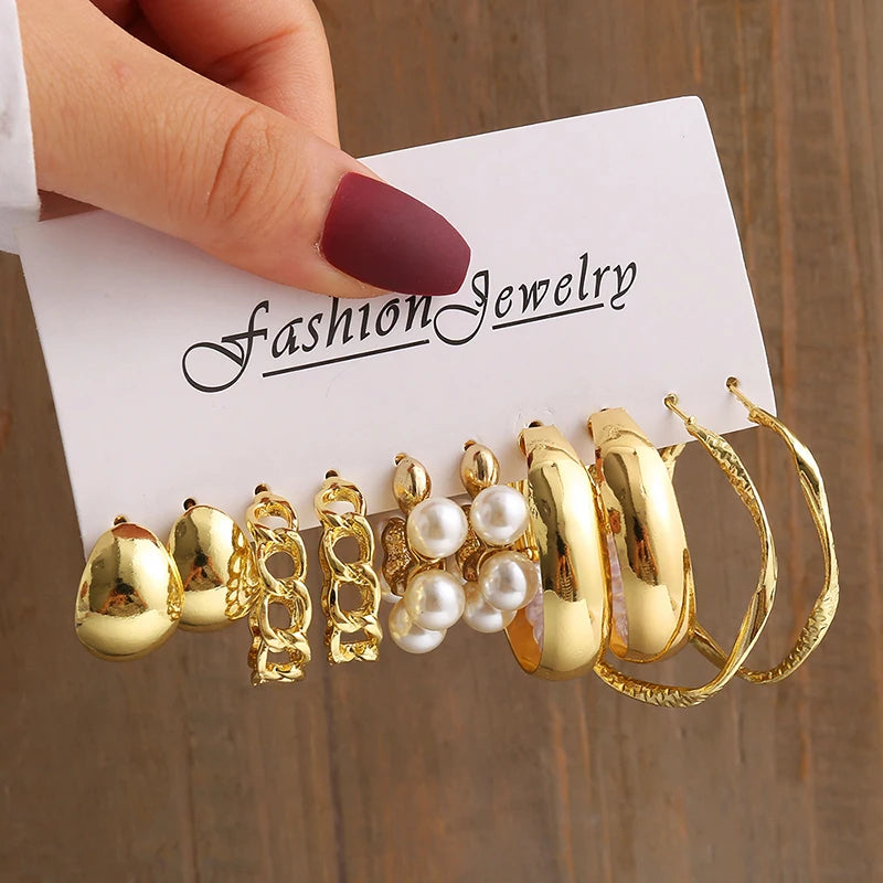 GeoPearl β Vintage Gold Geometric Pearl Earrings Set