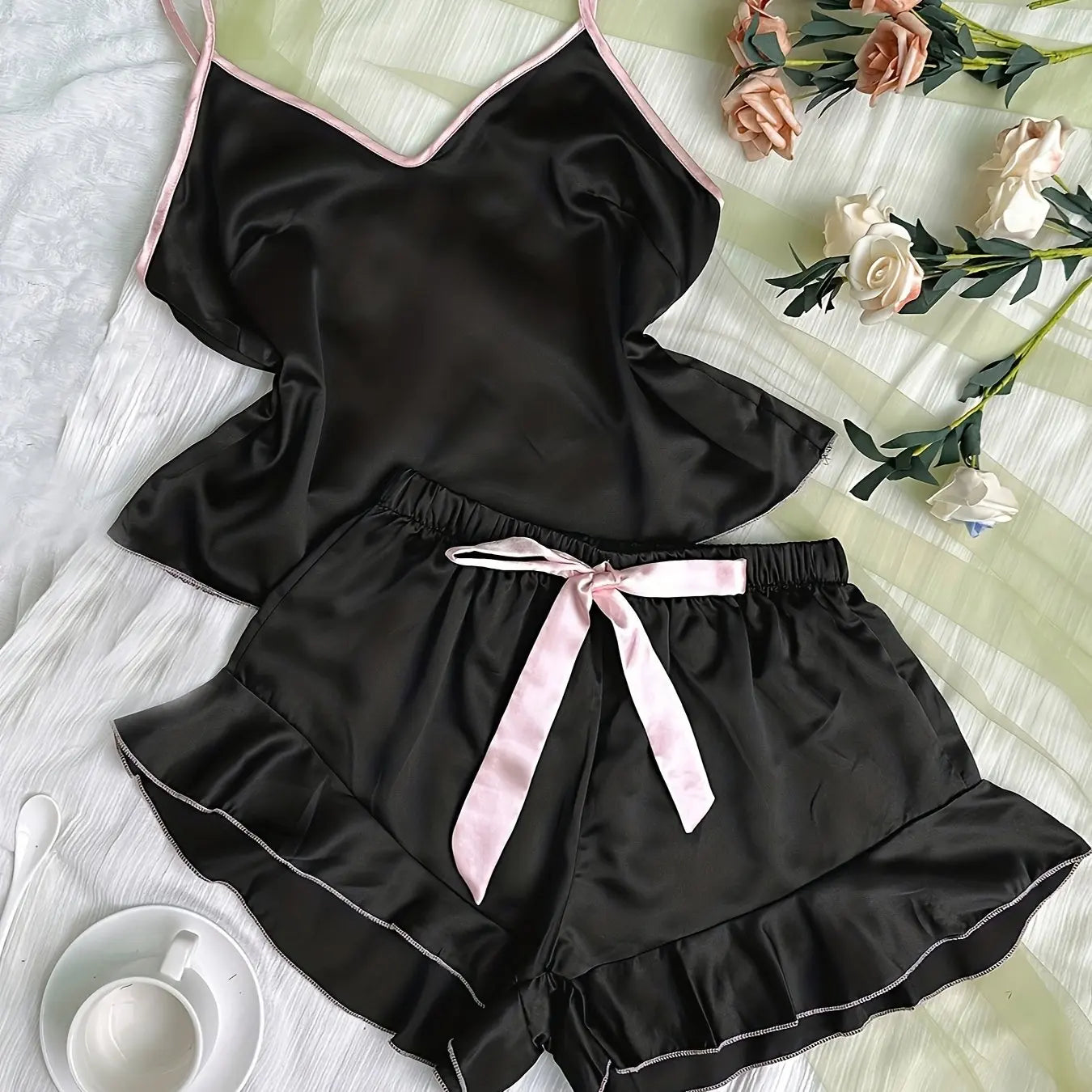 SatinEase β Women's Ruffle Satin Pajama Set